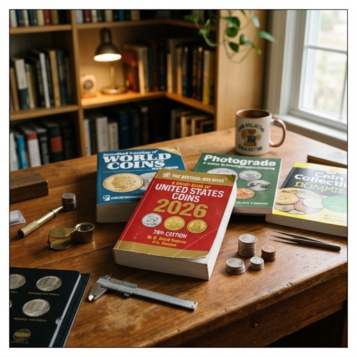 Desk with coin reference books