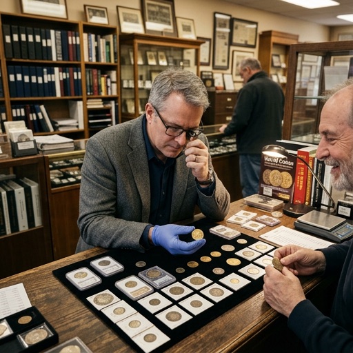 Collector examining coins